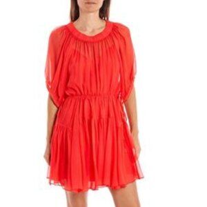 La Ligne Drawstring Waist Silk Blouson Dress in Deep Coral